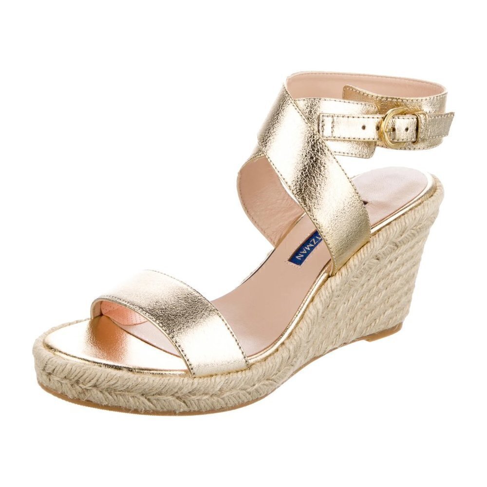 New Stuart Weitzman Lexia Gold Metallic Leather Espadrille Wedge Sandals 7 US - Picture 4 of 7